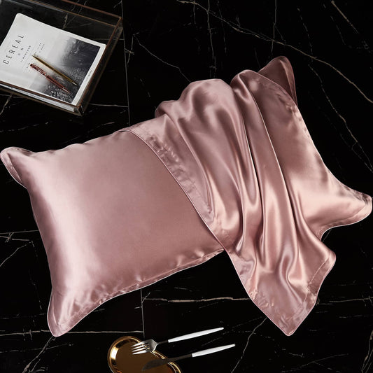 Taie d'oreiller en soie avec volant plat, dessous lyocell coloris rose